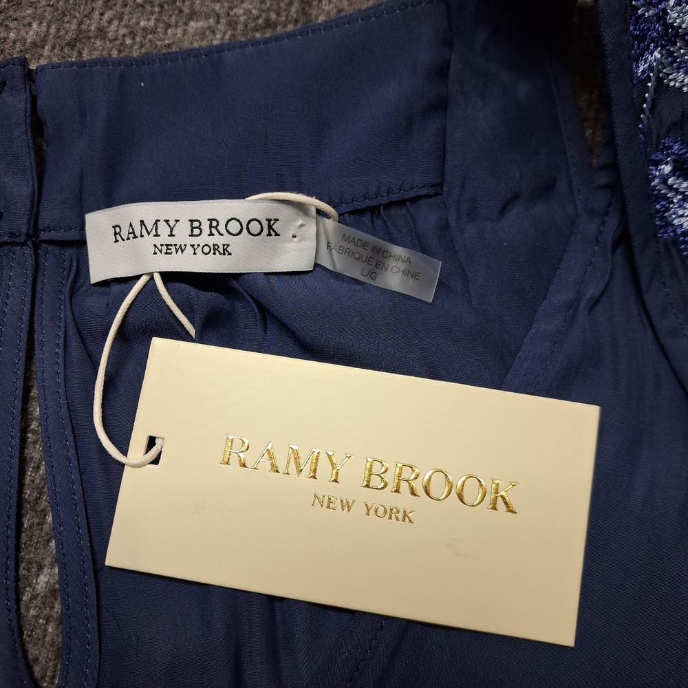Ramy Brook Satin Blue Embroidered Sleeveless Smocked Peplum Top Large NWT - Picture 6 of 13